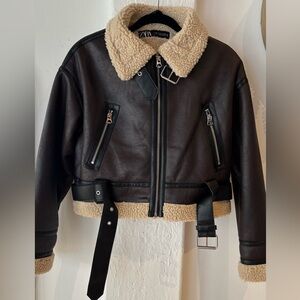 Zara Brown Shearling Leather Crop Biker Jacket